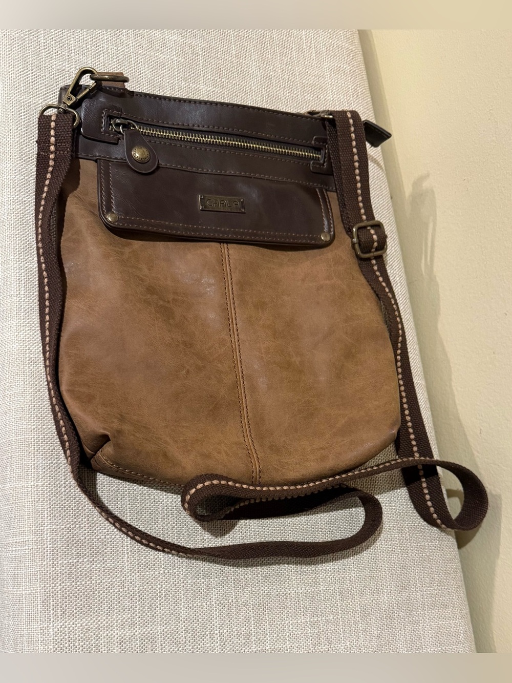 Chala Brown Faux Leather Canvas Crossbody Bag Purse